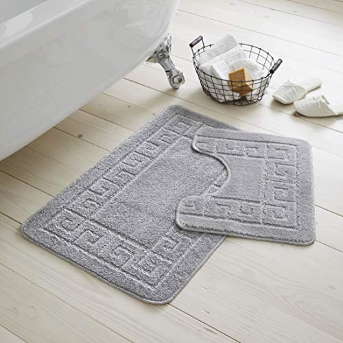 GC GAVENO CAVAILIA Greek Key Pattern Bath Mats 2 Piece Sets Non Slip, Soft Washable Rug Quick Dry Water Absorbent Bathroom Shower Mat & Pedestal Set, Silver