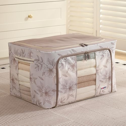 Image of HOKIPO 88L(XL) Folding Storage Box and Organiser for Clothes, 600D Oxford Fabric Storage Box, Latte Floral Pack of 1 (AR-6487-LBR)