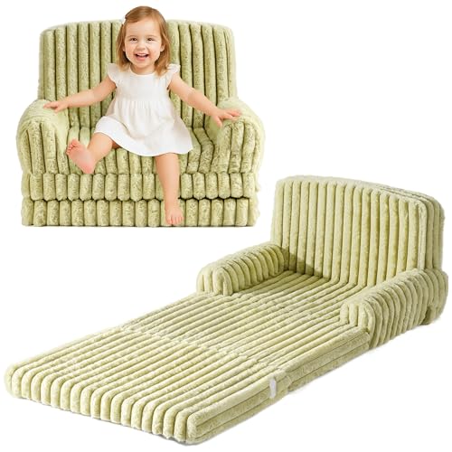 Image of ROBUD Toddler Chair, 2-in-1 Toddler Couch Fold Out, Kids Sofa with Rabbit Plush Fabric, High Resilience Sponge, and Hidden Storage Pocket, Kids Couch for Boys and Girls, Green