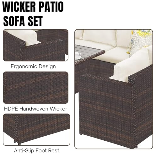 Image of DEVOKO 6 PCS L-Shape Patio Rattan Dining Set with Cushioned Chairs, Ottomans & Wood Dinning Table Top for Porch, Lawn, Garden, Backyard (Dark Brown & Off-White)