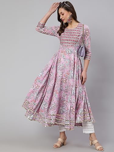 Image of Women Cotton Printed Round Neck 3 /4 Sleeve Flared Kurta