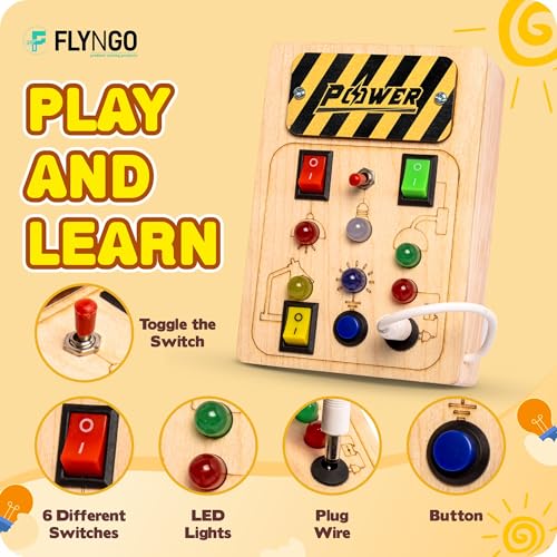 Image of FLYNGO Busy Board for Toddlers, Montessori Toy with LED Light, Wooden Sensory Activity Board for Toddlers & Kids 1-5 Years, Hand-Eye Coordination & Brain Development for Boys & Girls (6L Busy Board)