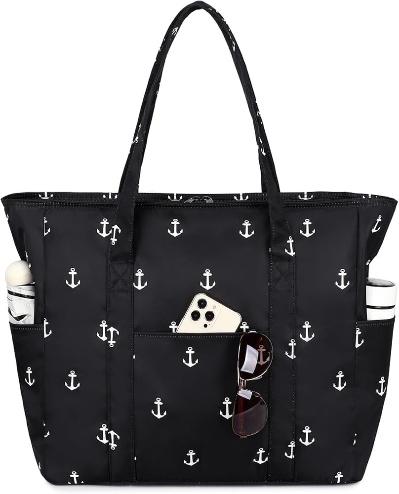hirta Cery Teacher Tote Bag for Women Office Work Multipurpose Shoulder Handbag with Zipper Pocket Travel Grocery Beach Hobo Bag Waterproof Sandproof Lightweight Pool (Anchor-Black)-picture-13