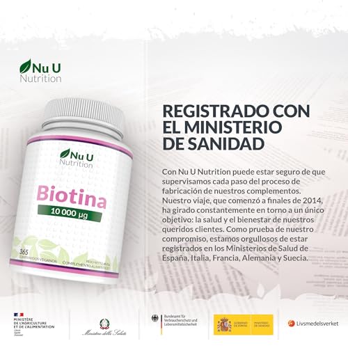 Miniatura 3 de Biotina para el Cabello 10,000 mcg - 365 Comprimidos Veganos - 1 Año de Suministro - Vitamina B7 para Mujer y Hombre - Biotina para Piel, Uñas y Barba - Nu U Nutrition