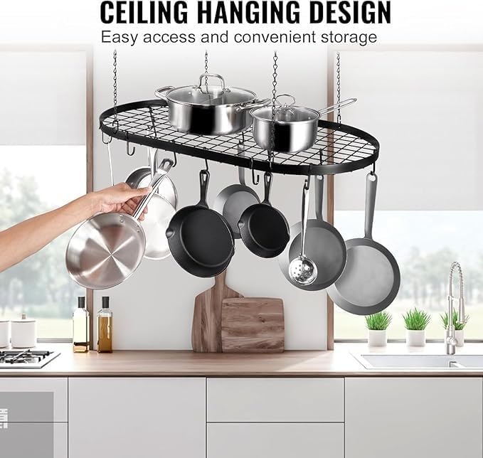 Hängendes Topfregal mit 10 Haken, robuste Deckenhalterung, Pfannenaufhänger, industrielles Gitterregal, Küchenorganizer für Kochgeschirr-Utensilien, platzsparende Überkopfaufbewahrung (60 cm)
