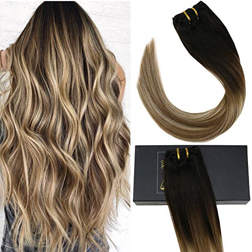 Sunny 18 Inch Dip Dye Balayage Clip in Human Hair Extensions Brown to Blonde Remy Clip in Extensions 120gram Full Head Set 7pcs