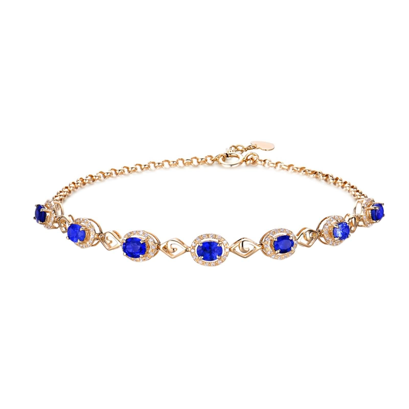 Pulseras Oro Amarillo 9 Kilates / 14 Kilates / 18 Kilates Mujer, Rombo Hueco y Oval con Zafiro Creado de 1,9 ct y Diamante, Cadena Extensible 16 CM + 5 CM, Pulseras de Oro Azul de Mujer