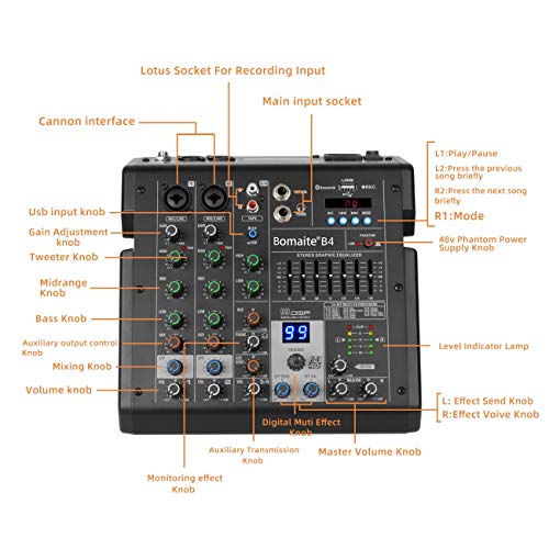 6-Kanal-Mixer 99 Effekte 7-Band-EQ Bluetooth-Studio-Audio-Mixer für PC-Aufnahmeeingang, XLR-Mikrofonbuchse, 48V-Strom… - Image 3