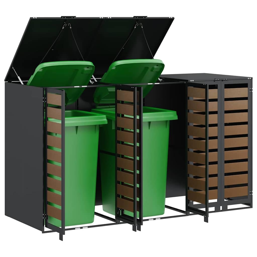 ACAGALA Copribidone per Spazzatura per 3 Bidoni 120 e 240L con Coperchio, Antracite, Acciaio Inox Resistente alle Intemperie & Porta con Superficie in Legno, 2 Ante e Design Espandibile, 65x73x113 cm