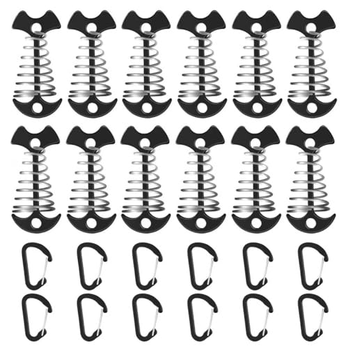 12 Pack Deck Anchors Pegs with Carabiners - Aluminum Rope Tensioner; Tent Tie Down Stakes Windproof Canopy Tent Anchors Outdoor Camping Accessories