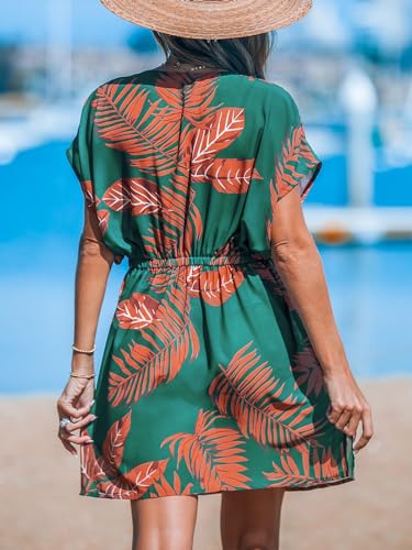 Image of CUPSHE Women's Swimsuit Coverup Casual V Neck Beach Dress Short Sleeve Elastic Waist Swimwear Cover Ups 2026 Beachwear