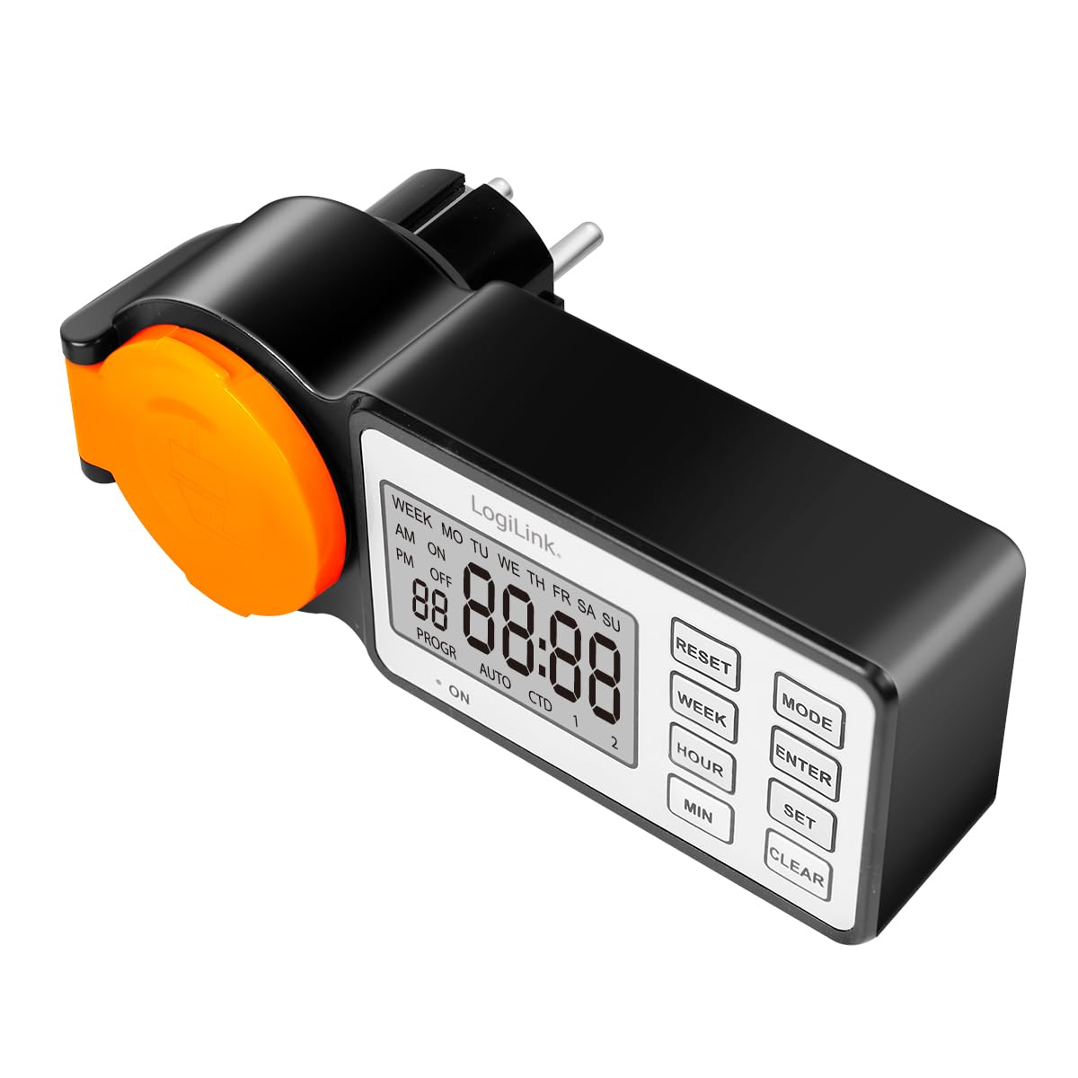 LogiLink ET0016 – zewnętrzny programator czasowy z 12 programami i timerem, wyświetlacz 2,2", klasa ochrony IP44, 3600 W