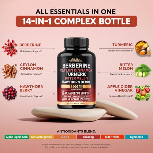 Nutraharmony Berberine With Ceylon Cinnamon 8500 Mg With Apple Cider Vinegar | Hawthorn Berry | Citrus Bergamot | Bitter Melon - 14-In-1 Supplement For Heart Support, Metabolism & Energy thumb #3