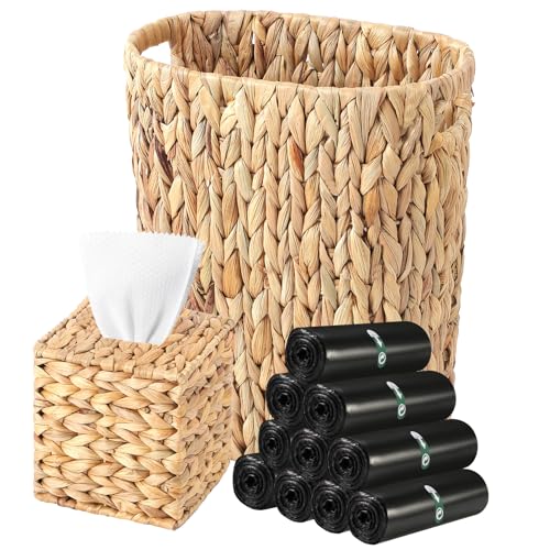 Image of BSSN 4 Gallon Wicker Trash Can Handwoven Bathroom Trash Can,Square Water Hyacinth Tissue Box Cover, Narrow Small Waste Basket,Black 150 Count 5 Gallon Trash Bags Rustic Decor Set for Bedroom & Office