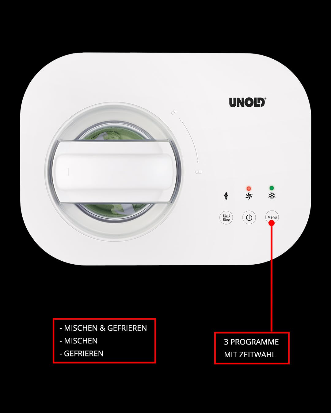 UNOLD 48820 EISMASCHINE Snow - selbstkühlender Kompressor, 100 W, entnehmbarer Eisbehälter, auch für vegane, laktosefreie und steviahaltige Eiskreationen