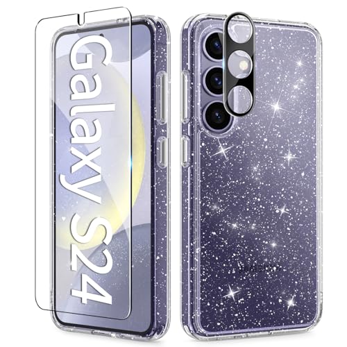 TIESZEN 3 in 1 for Samsung Galaxy S24 Case Glitter, [Non-Yellowing] with Screen Protector + Camera Lens Protector, Clear Sparkle Slim Hard Shockproof Galaxy S24 Phone Case for Women 6.2', Shiny Clear