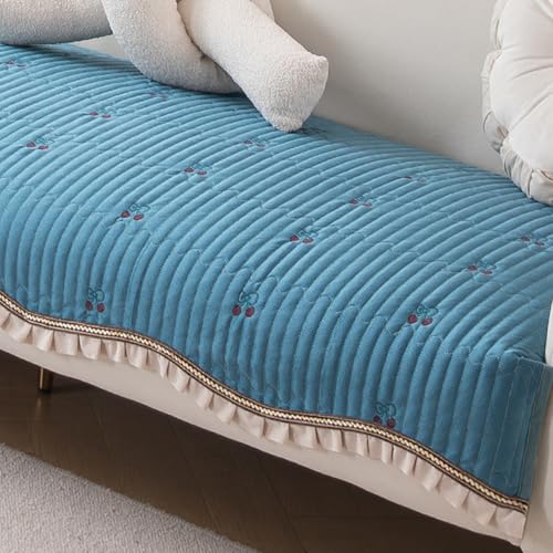 Image of HOKIPO Premium Dutch Velvet Sofa Cover Mat with Frill for 1 /2 /3 Seater and L Shape Sofa. Make Your Own Sofa Cover Set, Mat Length 90(D) x 180(L) cm, Peacock Blue (NEW-AR-5740-PBL)