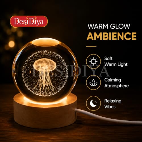 Image of Desidiya 3D Crystal Jelly Fish Lamp | Engraved Crystal Ball LED Night Light with Wooden Base, USB Powered | Romantic Home Decor & Valentine Day Gift for Her, Him & Couples (Warm White)