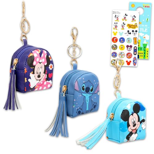 Disney Backpack Buddy Bag Clip Set - Bundle with 3 Mini Mickey Minnie & Stitch Keychain Pouches, Stickers and Door Hanger | Coin Purses for Girls