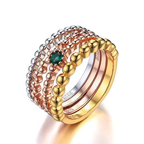 JewelryPalace 925 Sterling Argento Sintetico Nano Russo Smeraldo 3 Tone 4 Corda Fascia Impilabile Anello Set 11.5