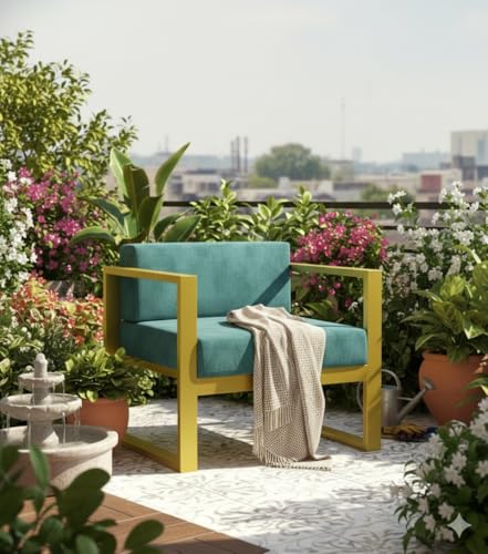 Image of Metal Single Seater Sofa with Cushion for Living Room | Heavy Duty Iron Frame with Powder Coating | Comfortable Seating for Home & Office (Golden-Green)