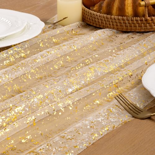 Image of Beige Gold Glitter Table Runner Sheer Gauze Foil Table Runner, 3PC