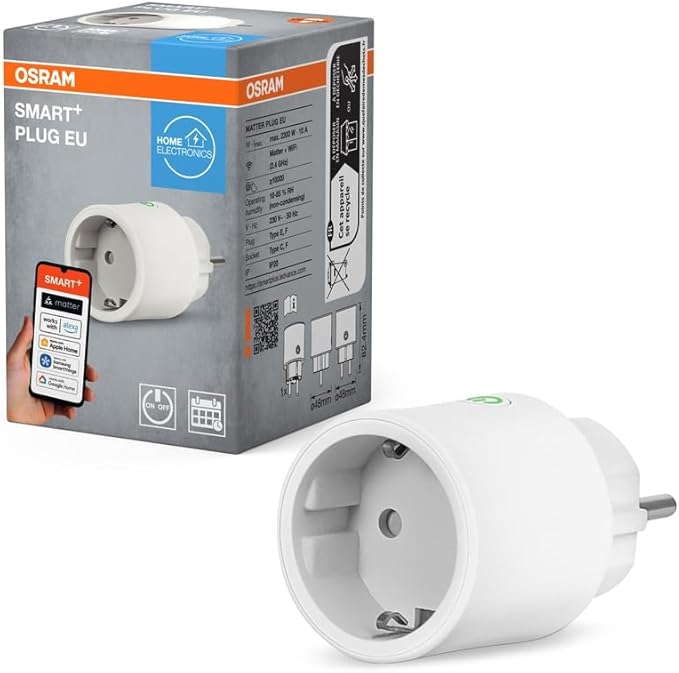 OSRAM SMART+ Enchufe inteligente con Matter over WiFi, desarrollado para Alexa - configuración fácil con un clic,integra dispositivos convencionales de hasta 2300W en el hogar inteligente,paquete de 1
