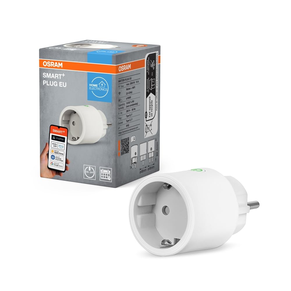 OSRAM OSRAM SMART+ Presa intelligente con Matter over WiFi, sviluppata per Alexa - configurazione facile con un clic, integra dispositivi convenzionali fino a 2.300W nella casa intelligente,confezione da 1