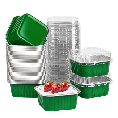 50 Pcs Mini Square Baking Cups with Lids,5oz Aluminum Foil Mini Cake Pans with Lids,Disposable Ramekins Cake Pans,150ml Dessert Cups Cupcake Pans for Wedding Birthday Party,Dark Green