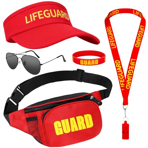 Dreamtop 5 Pcs Disfraz de Salvavidas, Accesorios Socorrista Disfraz con Sombrero Riñonera Silbato Gafas de Sol y Pulsera, disfraz de Socorrista Mujer Hombre Fiestas en la Playa y la Piscina Halloween