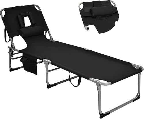 Miniatura 9 de Goplus Silla bronceadora, silla de playa plegable con agujero para cara y brazo, 5 posiciones ajustables, almohada extraíble, bolsillo lateral