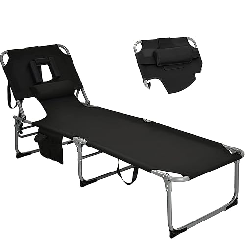 Goplus Tanning Chair, Folding Beach Lounge Chair with Face &Arm