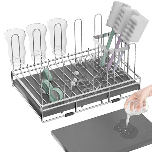 Image of chilinii Baby Bottle Drying Rack Organizer Stainless Steel Large Countertop Glass Water Bottle Dryer Holder with Diatomite Stone Quick Dry Easy Clean and Brush Holder