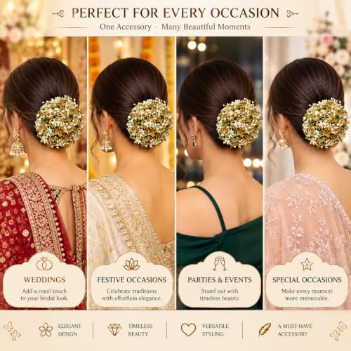 Image of Hair Flare Gilded Floral Hair Juda Bun, Golden and Green bun adorned with glossy artificial flowers, beads, and pollen. Includes Juda pins 2828