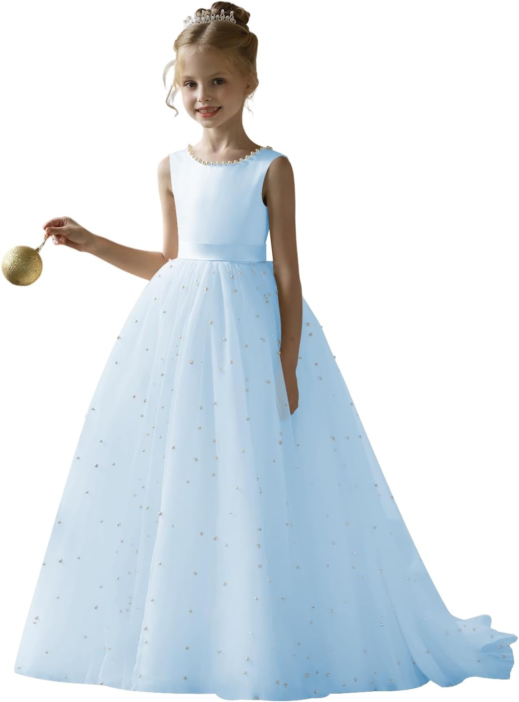 Flower Girl Dress for Wedding Puffy Tulle Satin Princess Gowns with Pearls Bow Knot 2-14