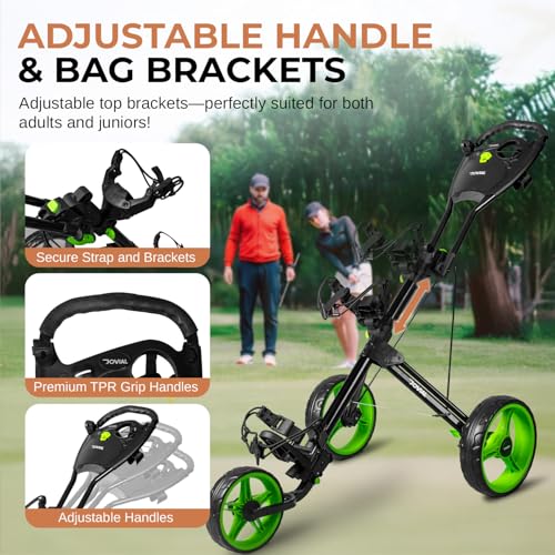 Image of JOVIAL Foldable 3 Wheel Junior Golf Push Cart, Lightweight Aluminum Pull Cart with Deluxe Scorecard Holder, Adjustable Handle, Quick Brake System, Compact Folding Golf Trolley with Strap Support