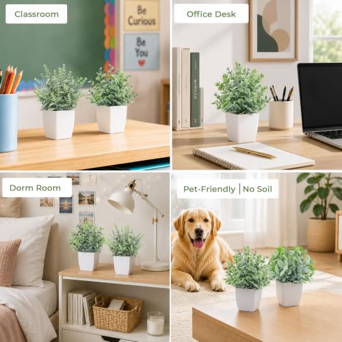 Der Rose 4 Pack 7" Mini Fake Plants, Artificial Plants for Bathroom Decor | Frosted eucalyptus look, easy-care artificial greenery, for desk shelf windowsill office tabletop dorm and classroom decor