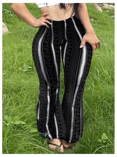 Milumia Women's Plus Size Striped Geo Bell Bottoms Flared Hem Casual Long Pants4
