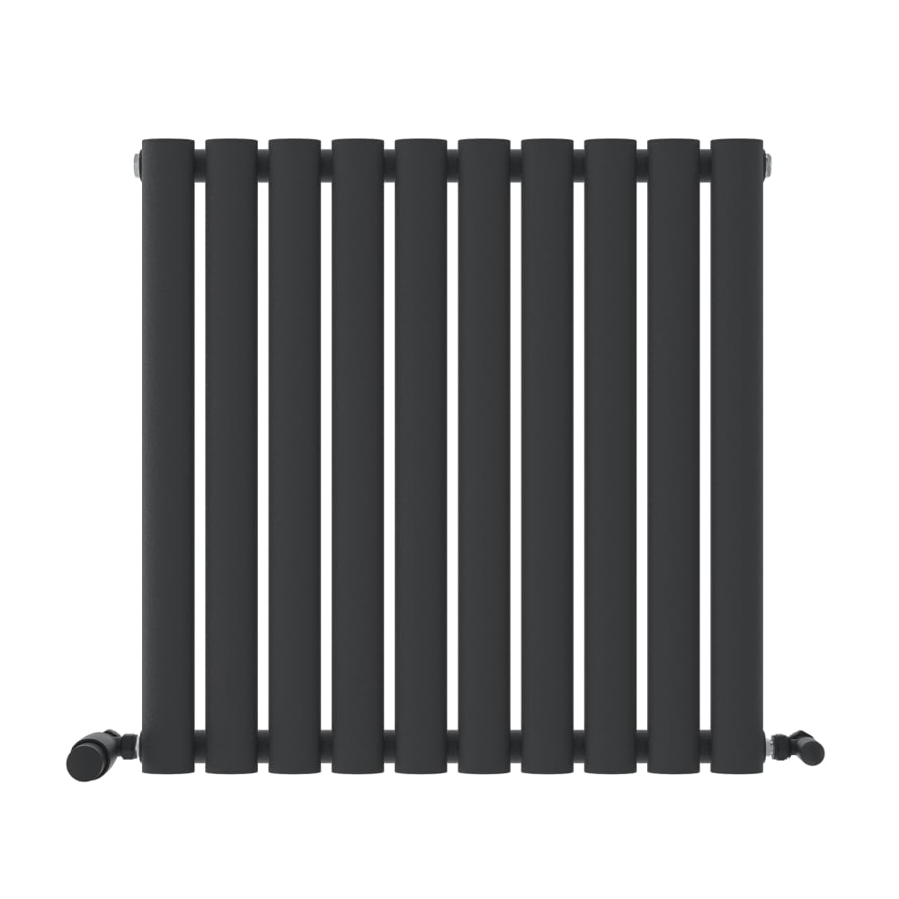 iBathUK Strata Wall Mounted Horizontal Single Oval Panel Radiator, 10-Column Steel, Hydronic Central Heating, High Thermal Output, Modern Designer Radiator for Bathroom in Matt Anthracite, 600 × 590mm