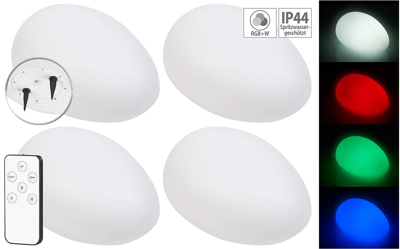 Lunartec LED-Solarleuchten Balkon: 4er-Set Solar-LED-Dekosteine mit Fernbedienung, RGB+W, IP44, 32 cm (Solarleuchten Deko Garten, Solar-Bodenlampe)