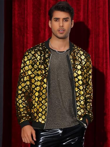 Image of Lars Amadeus Argyle Sequin Bomber Jacket for Men's Party Club Shiny Baseball Varsity Jacket