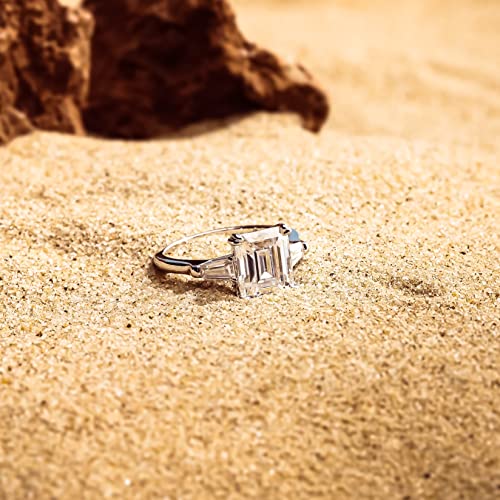 Charming Ideal Three Stone Emerald Cut Moissanite Ring For Women 4Ct Tapered Baguette Moissanite Engagement Rings Sterling Silver White Gold Plated Anniversary Wedding Promise Ring For Her Size 6.5 #TOP2