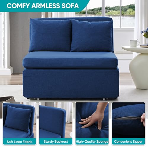 Image of BALUS 43 inch Width Twin Pull Out Sofa Bed Sleeper Couch with Pullout Beds, 2 in 1 Convertible Linen Sleepers Sofa Single Chair with Pillows and 3.9 inch Foldable Mattress for Small Space Apartment Loft, Blue