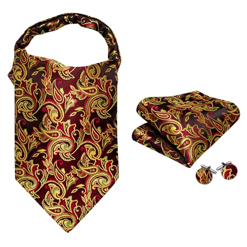 Image of Barry.Wang Ascot Ties Cravat Tie Men Paisley Plaid Scarf Self Tie Pocket Square Cufflinks Set Wedding Party