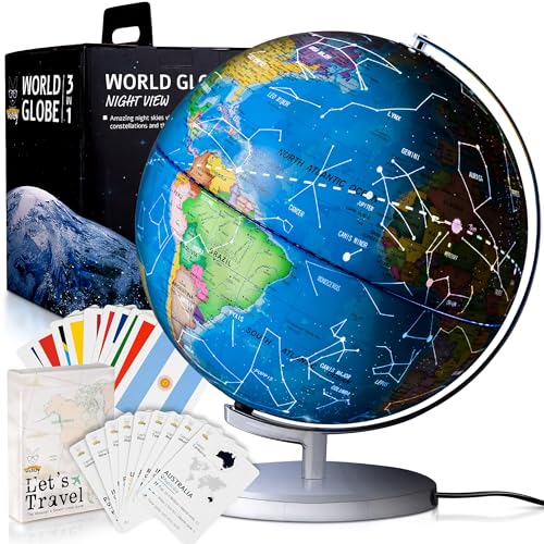 SMART WALLABY 9' Illuminated Educational Kids World Globe + STEM Flags & Countries Interactive Card Game. 3 in 1 Children Desktop Spinning Earth Political & Constellation Maps, LED Night Light Lamp