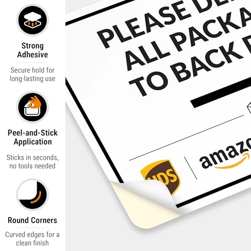 Image of Package Delivery Sign, Delivery Instructions Deliver All Package to Back Door Right Arrow Sign, 10x7 Inches, 4 Mil Vinyl Decal Stickers Weather Resistant, Made in USA