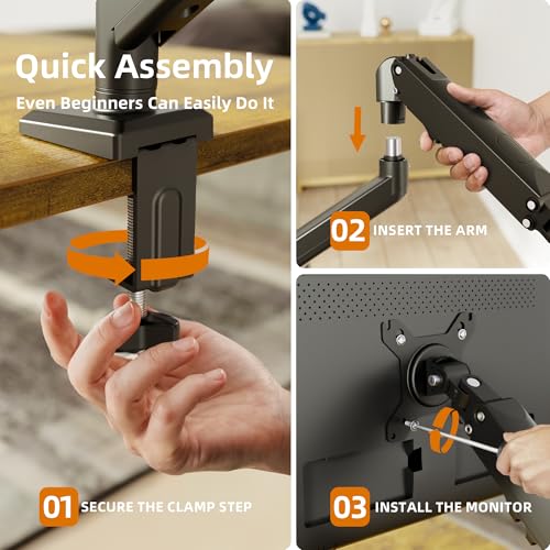 Image of Claiks Single Monitor Mount, Ergonomic Gas Spring Monitor Arm for 15-32 inch Screens, Adjustable Computer Stand up to 20 lbs, with Clamp and Grommet Base, VESA Mounting Holes 75&100mm, Black