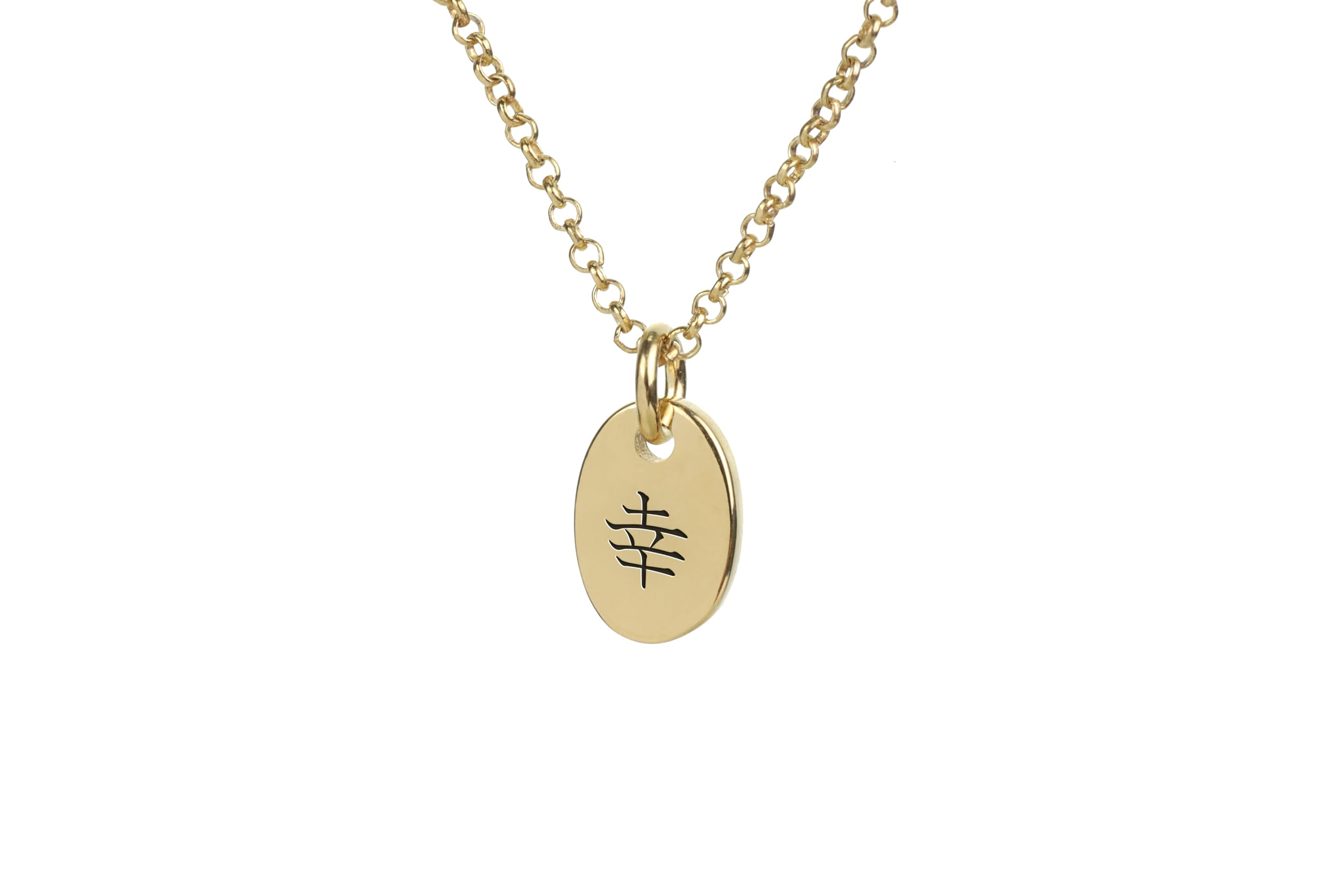 Collier Kanji Happiness en Or 14k - Collier Signet Kanji Personnalisé - Collier Pendentif Ovale - Collier Asiatique