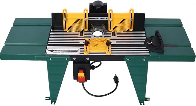 Electric Router Table, Universal Benchtop Router Table with Steel Stand & Adjustable Fence Wood Working Router Table, Safety Guard & Miter Gauge for Woodworking, Craftsman Tool,Green