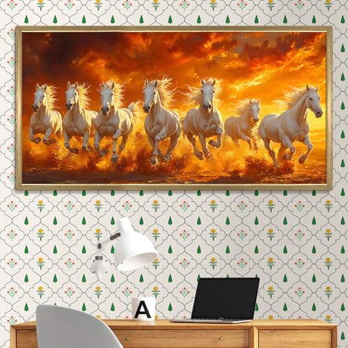 Image of PAPER PLANE DESIGN Seven Running Horses HD Canvas Print Wall Art - Premium Vastu Golden Box Frame With Acrylic - Elegant Home & Office Decor - Size: 2 x 4 Feet. (E)